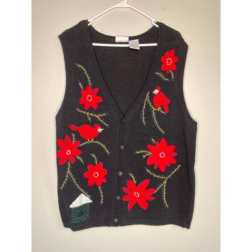 1990s Capacity Red Floral Poinsettia Christmas Birds Cardinal Sweater Vest 1X